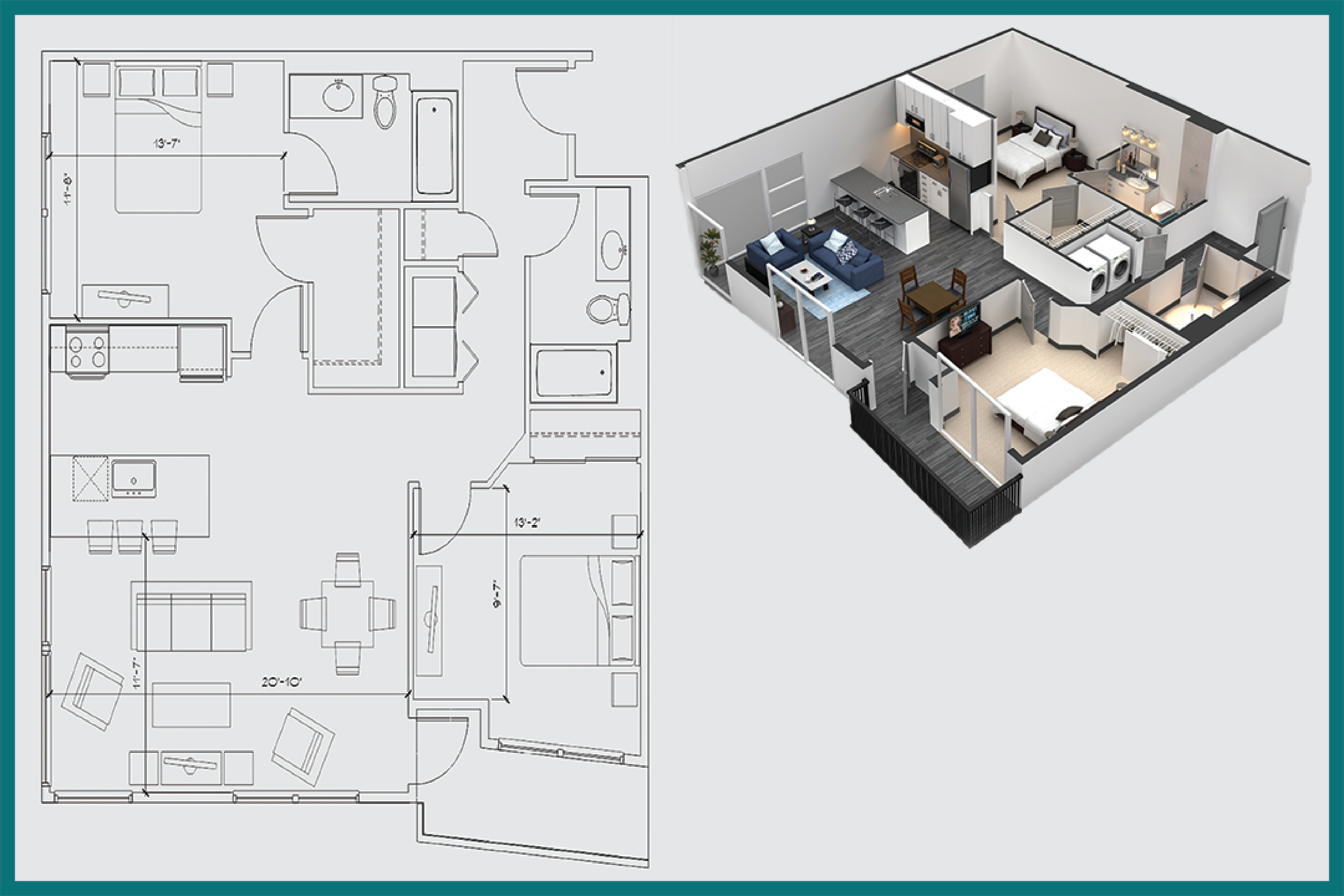 Floor plan for 2 beds, 2 baths, 996 sqft